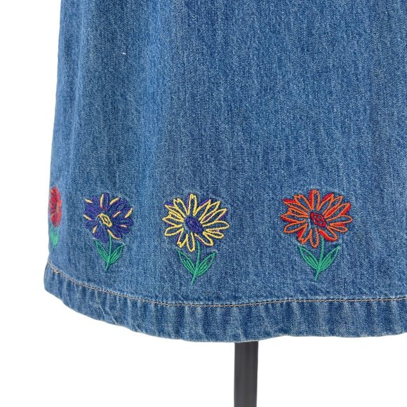 90s Denim Floral Embroidered Mini-Dress Small - Picture 4 of 9